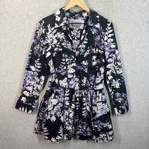 Anthropologie Floral Corset Mini Dress Black Purple Cotton Long Sleeve Tunic 12
